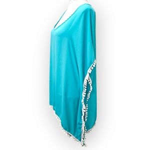 ADREAMLY Swim Beach Coverup Teal, White Pompoms One Size